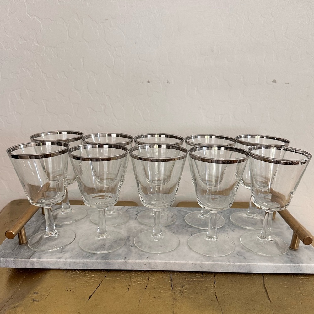 Set of 10 Vintage Silver-Rimmed French Wine Stemware Glass Set-holds 5oz liquid